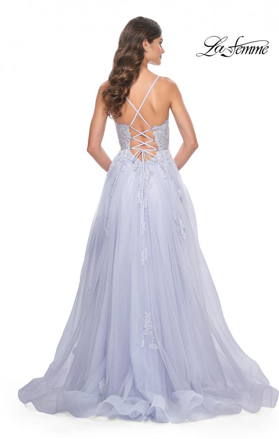 La Femme 32028 prom dress images.  La Femme 32028 is available in these colors: Black, Light Periwinkle, Orange, White.