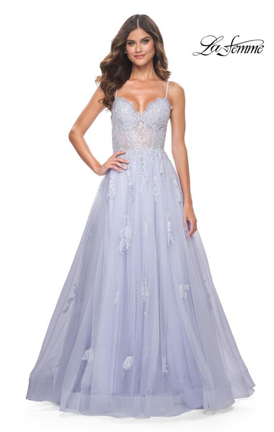 La Femme 32028 prom dress images.  La Femme 32028 is available in these colors: Black, Light Periwinkle, Orange, White.