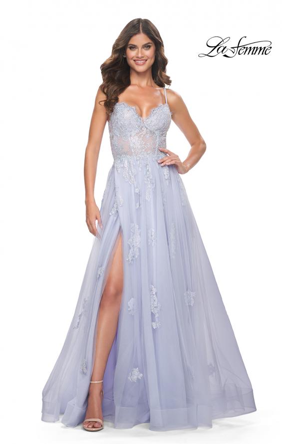 La Femme 32028 prom dress images.  La Femme 32028 is available in these colors: Black, Light Periwinkle, Orange, White.