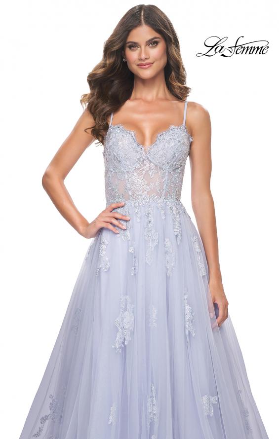 La Femme 32028 prom dress images.  La Femme 32028 is available in these colors: Black, Light Periwinkle, Orange, White.