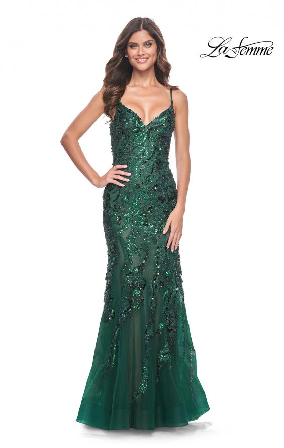 La Femme 32049 prom dress images.  La Femme 32049 is available in these colors: Dark Berry, Emerald, Navy.