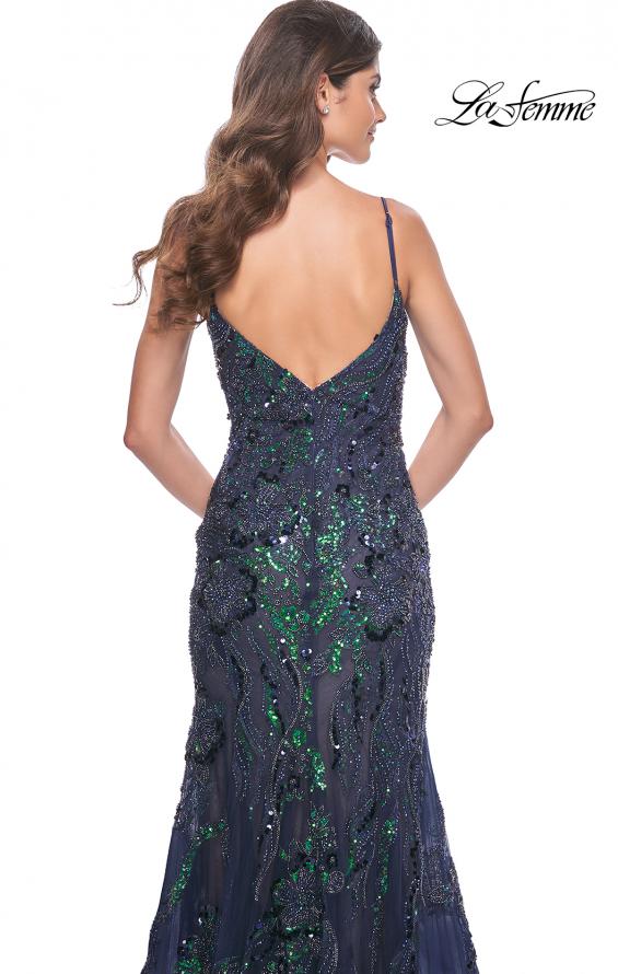 La Femme 32049 prom dress images.  La Femme 32049 is available in these colors: Dark Berry, Emerald, Navy.