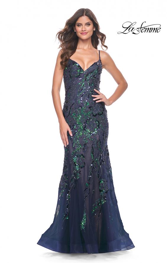 La Femme 32049 prom dress images.  La Femme 32049 is available in these colors: Dark Berry, Emerald, Navy.