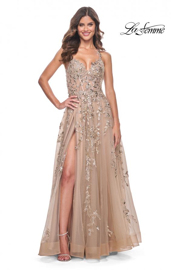 La Femme 32052 prom dress images.  La Femme 32052 is available in these colors: Nude.