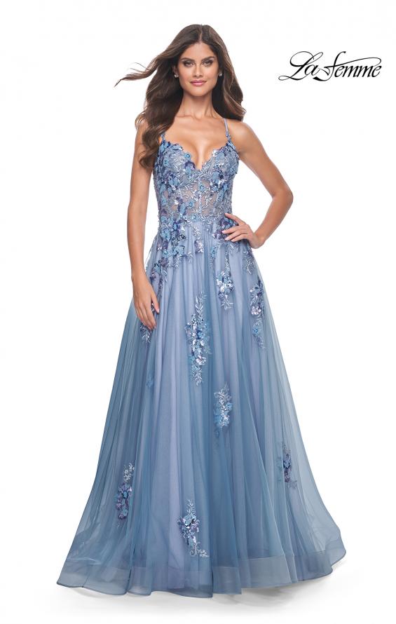 La Femme 32057 prom dress images.  La Femme 32057 is available in these colors: Slate Blue.