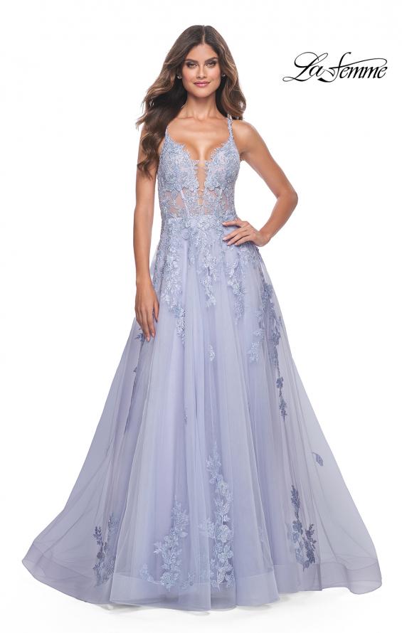 La Femme 32062 prom dress images.  La Femme 32062 is available in these colors: Light Periwinkle, Strawberry, Teal.