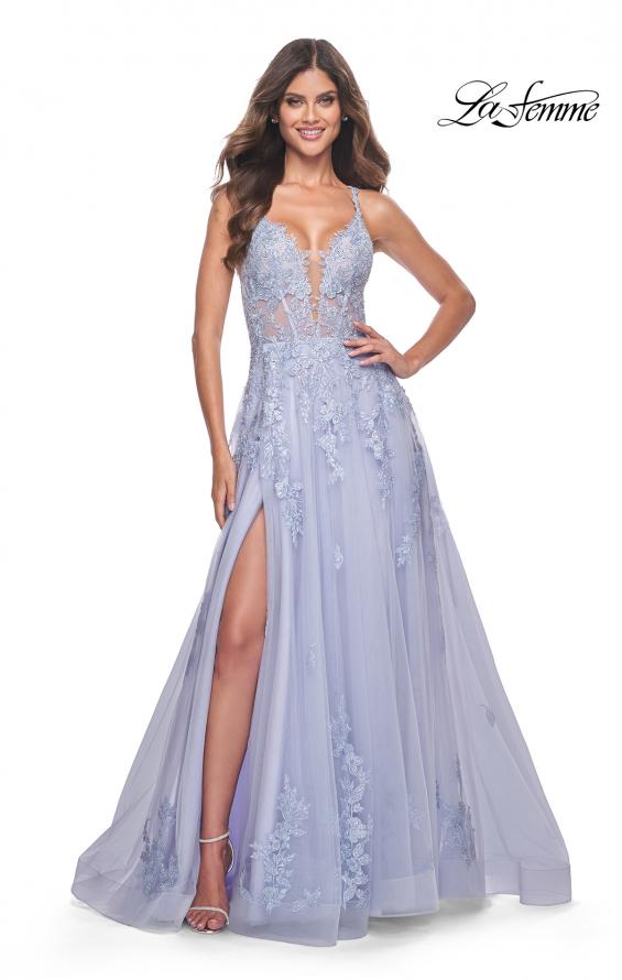 La Femme 32062 prom dress images.  La Femme 32062 is available in these colors: Light Periwinkle, Strawberry, Teal.