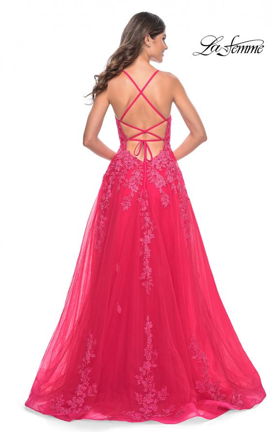 La Femme 32062 prom dress images.  La Femme 32062 is available in these colors: Light Periwinkle, Strawberry, Teal.