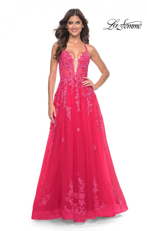 La Femme 32062 prom dress images.  La Femme 32062 is available in these colors: Light Periwinkle, Strawberry, Teal.