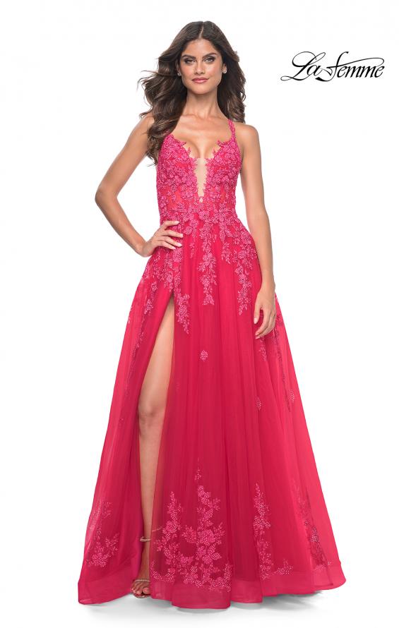 La Femme 32062 prom dress images.  La Femme 32062 is available in these colors: Light Periwinkle, Strawberry, Teal.