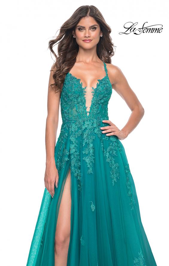 La Femme 32062 prom dress images.  La Femme 32062 is available in these colors: Light Periwinkle, Strawberry, Teal.