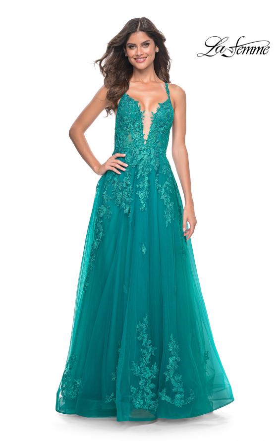 La Femme 32062 prom dress images.  La Femme 32062 is available in these colors: Light Periwinkle, Strawberry, Teal.