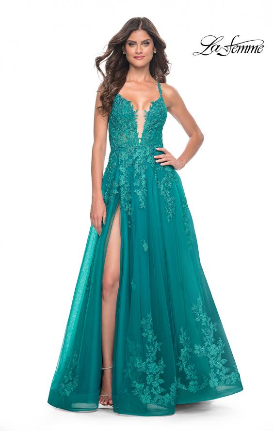 La Femme 32062 prom dress images.  La Femme 32062 is available in these colors: Light Periwinkle, Strawberry, Teal.