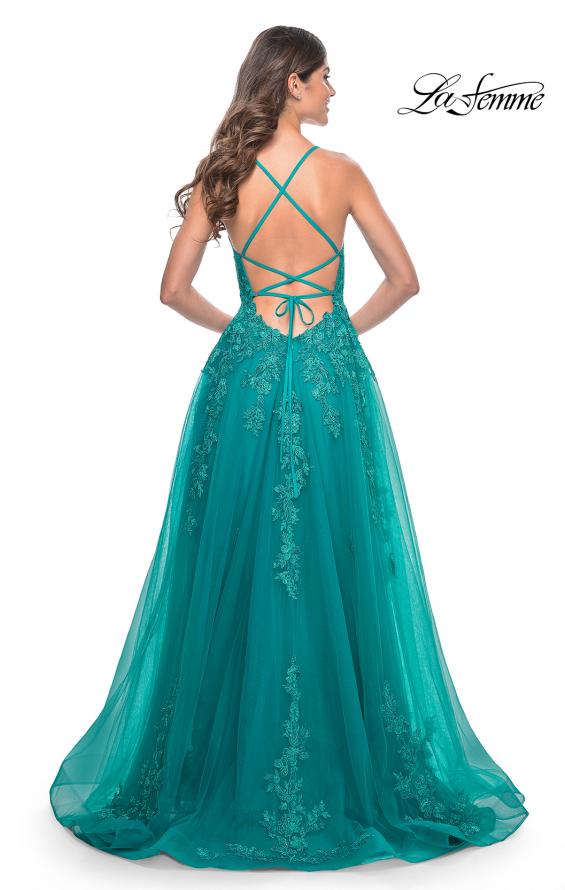 La Femme 32062 prom dress images.  La Femme 32062 is available in these colors: Light Periwinkle, Strawberry, Teal.