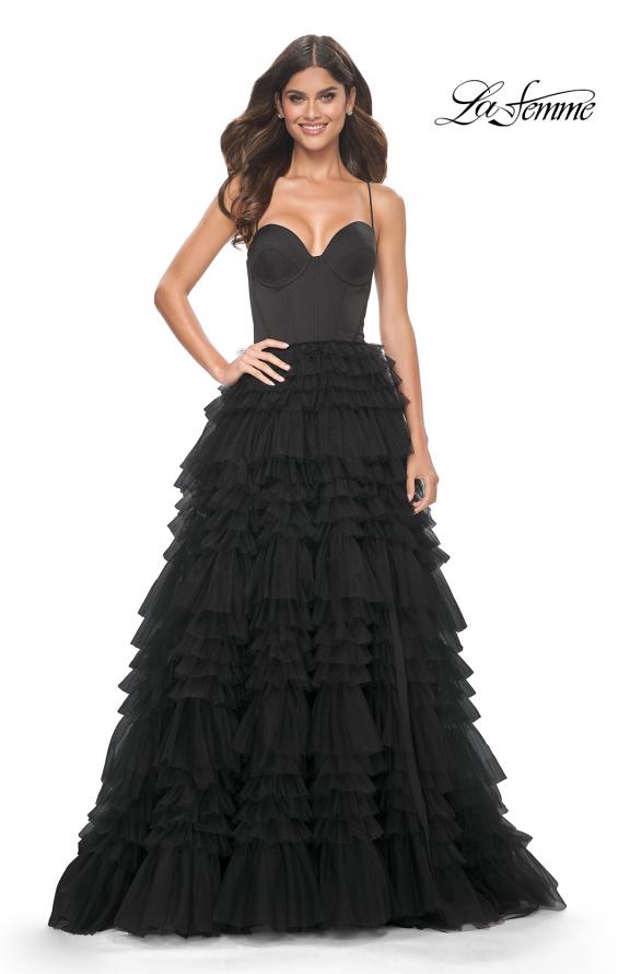 La Femme 32071 prom dress images.  La Femme 32071 is available in these colors: Black, Dark Berry, Dark Emerald.