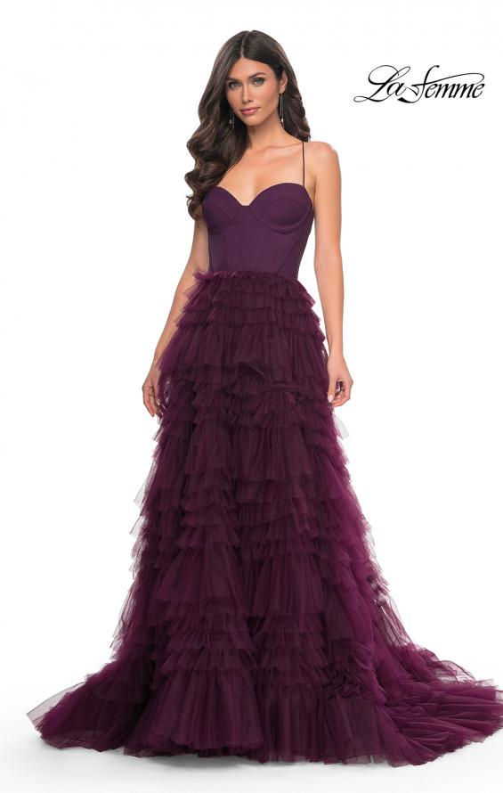 La Femme 32071 prom dress images.  La Femme 32071 is available in these colors: Black, Dark Berry, Dark Emerald.