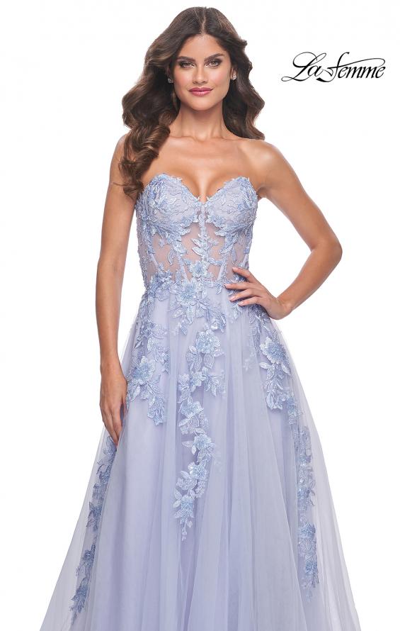 La Femme 32082 prom dress images.  La Femme 32082 is available in these colors: Light Periwinkle, Pale Yellow, Sage.