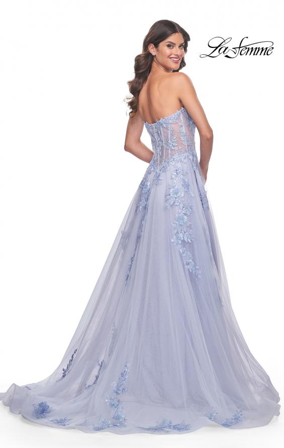 La Femme 32082 prom dress images.  La Femme 32082 is available in these colors: Light Periwinkle, Pale Yellow, Sage.