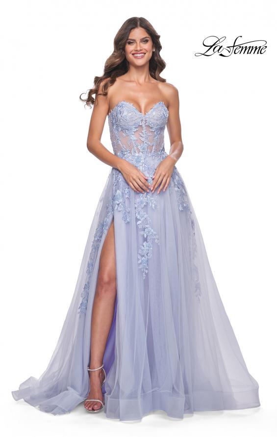 La Femme 32082 prom dress images.  La Femme 32082 is available in these colors: Light Periwinkle, Pale Yellow, Sage.