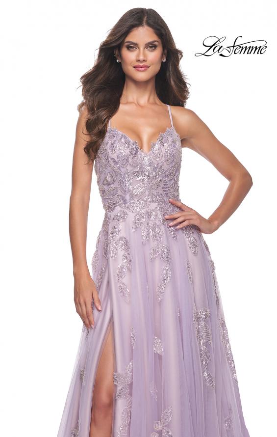 La Femme 32090 prom dress images.  La Femme 32090 is available in these colors: Lavender, Light Blue, Sage.