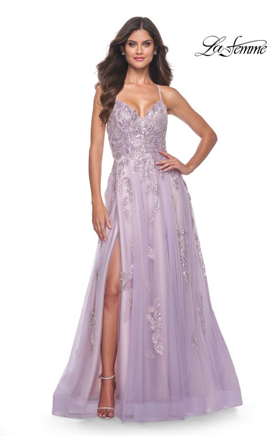 La Femme 32090 prom dress images.  La Femme 32090 is available in these colors: Lavender, Light Blue, Sage.