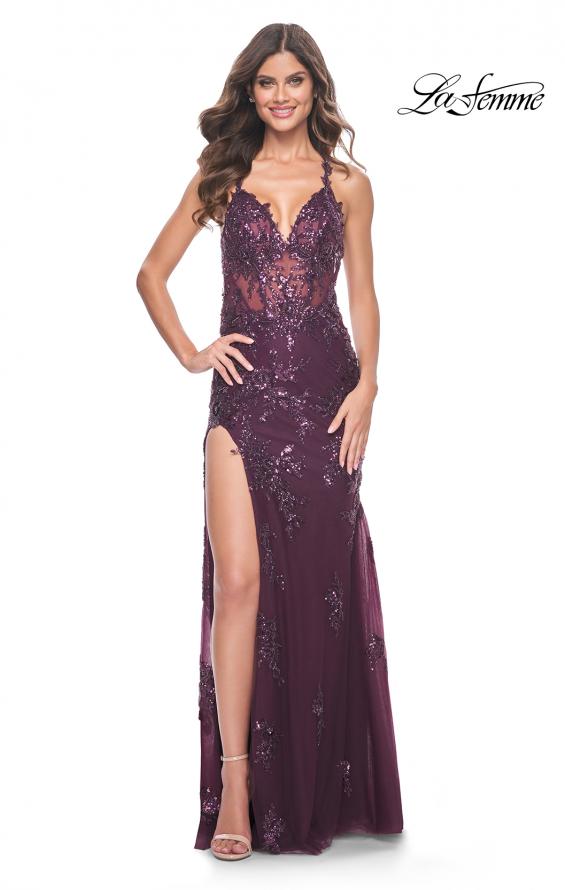 La Femme 32107 prom dress images.  La Femme 32107 is available in these colors: Black, Dark Berry, Dark Emerald.