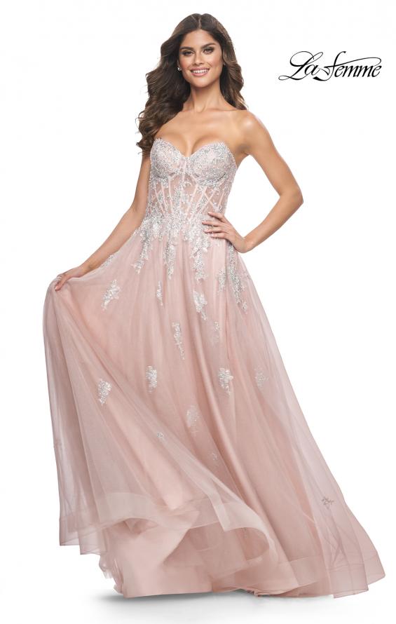 La Femme 32111 prom dress images.  La Femme 32111 is available in these colors: Cloud Blue, Mauve, Silver.