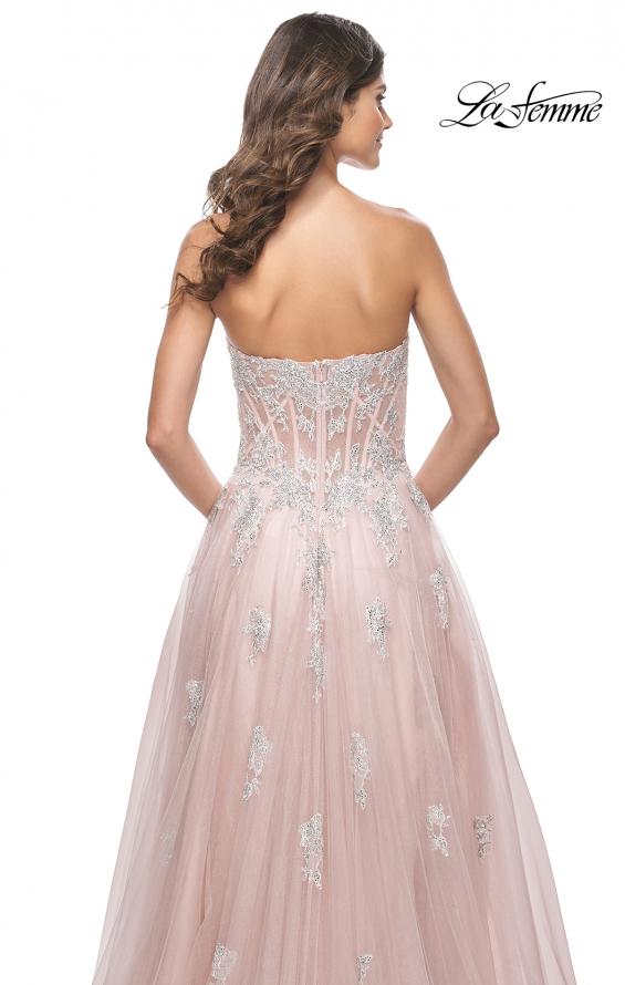 La Femme 32111 prom dress images.  La Femme 32111 is available in these colors: Cloud Blue, Mauve, Silver.