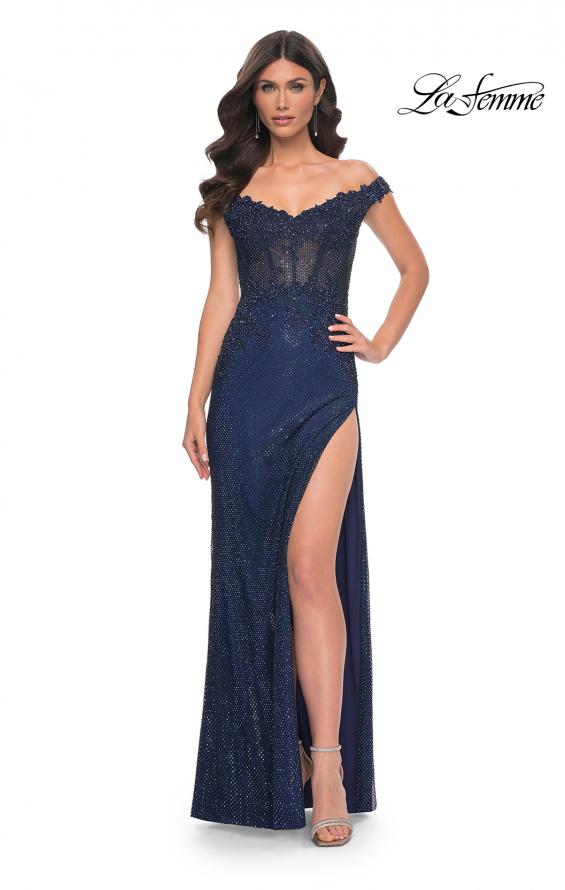 La Femme 32116 prom dress images.  La Femme 32116 is available in these colors: Black, Emerald, Marine Blue.