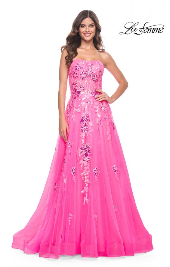 La Femme 32137 prom dress images.  La Femme 32137 is available in these colors: Neon Pink.