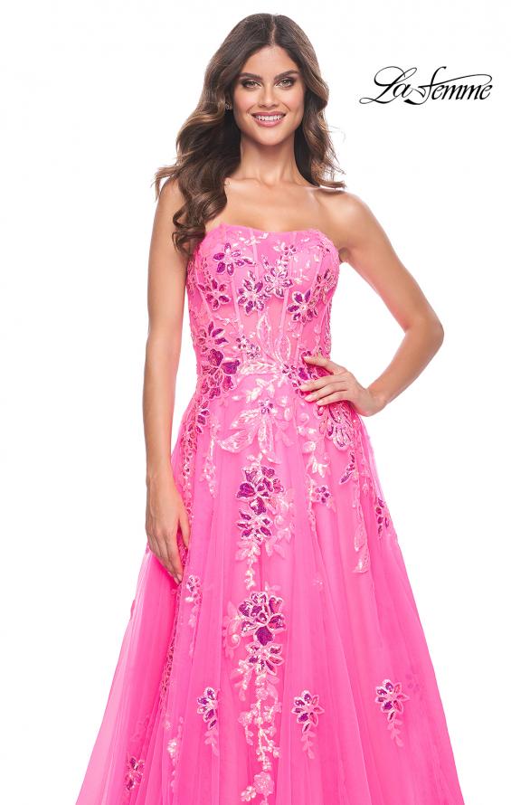 La Femme 32137 prom dress images.  La Femme 32137 is available in these colors: Neon Pink.