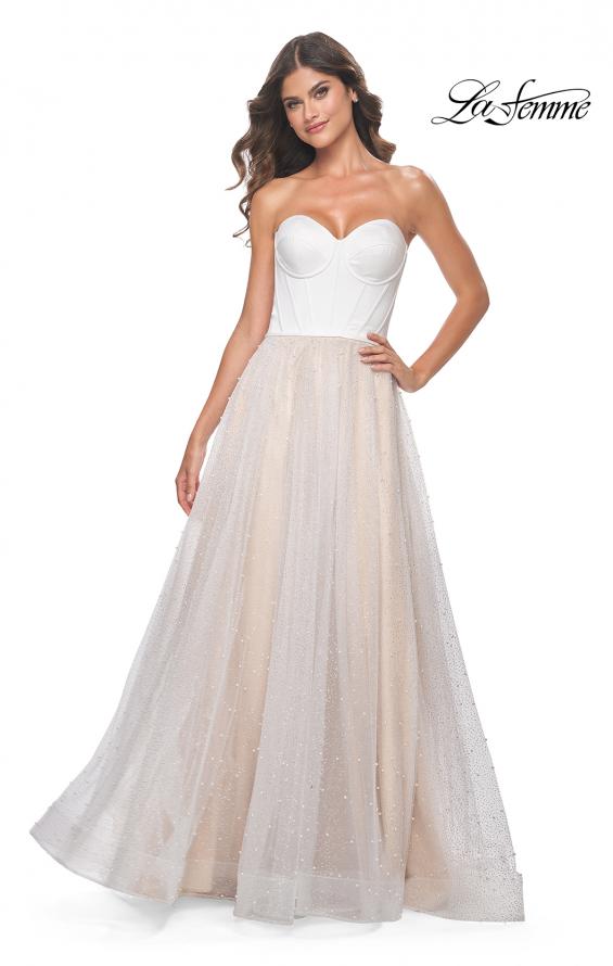 La Femme 32149 prom dress images.  La Femme 32149 is available in these colors: White/Nude.