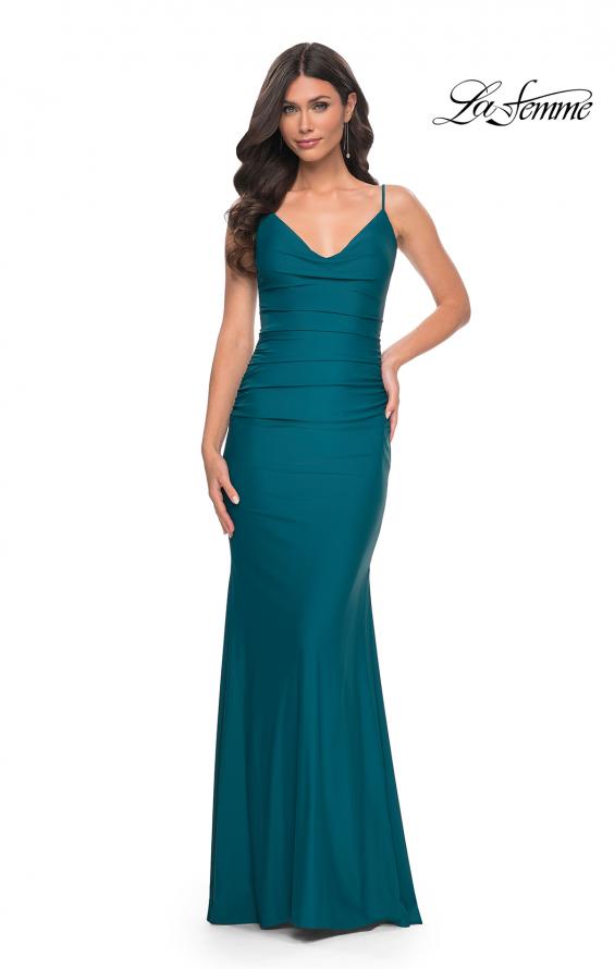 La Femme 32153 prom dress images.  La Femme 32153 is available in these colors: Black, Dark Teal, Red, Royal Blue.