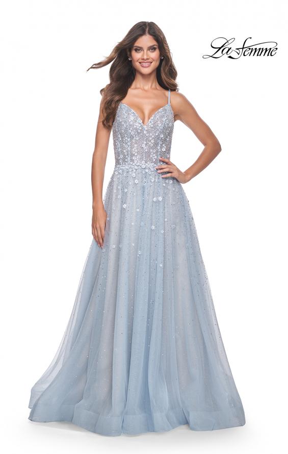 La Femme 32215 prom dress images.  La Femme 32215 is available in these colors: Light Blue, Pale Yellow.