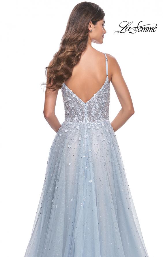 La Femme 32215 prom dress images.  La Femme 32215 is available in these colors: Light Blue, Pale Yellow.