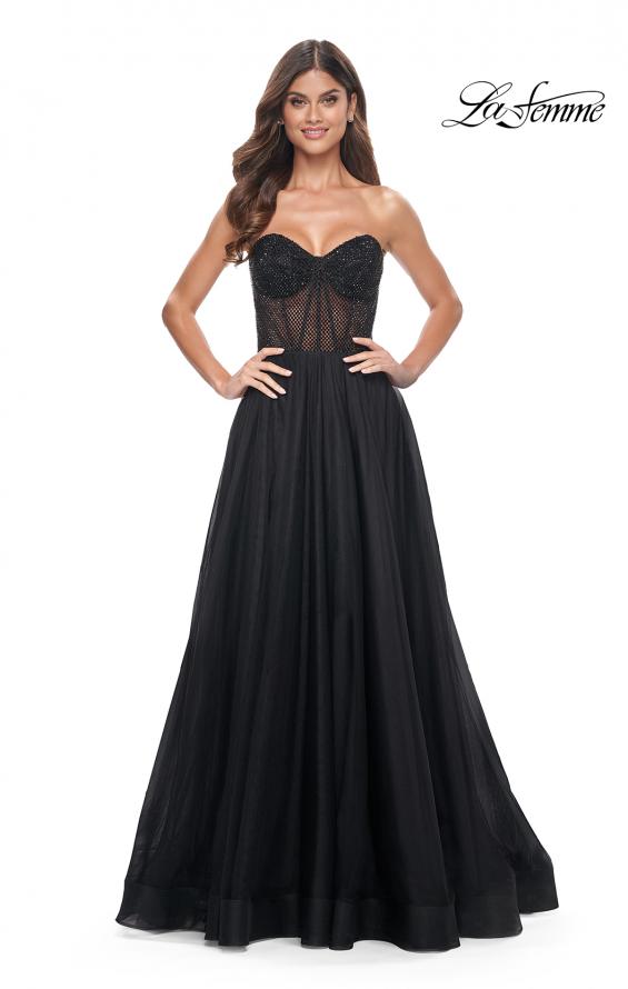 La Femme 32216 prom dress images.  La Femme 32216 is available in these colors: Black, Dark Emerald, Royal Blue.