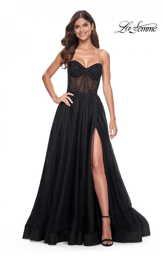 La Femme 32216 prom dress images.  La Femme 32216 is available in these colors: Black, Dark Emerald, Royal Blue.