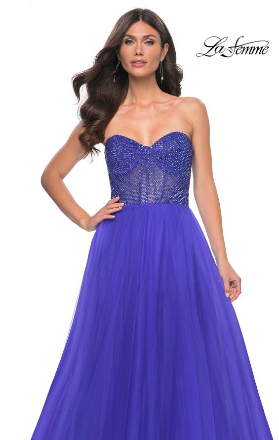 La Femme 32216 prom dress images.  La Femme 32216 is available in these colors: Black, Dark Emerald, Royal Blue.