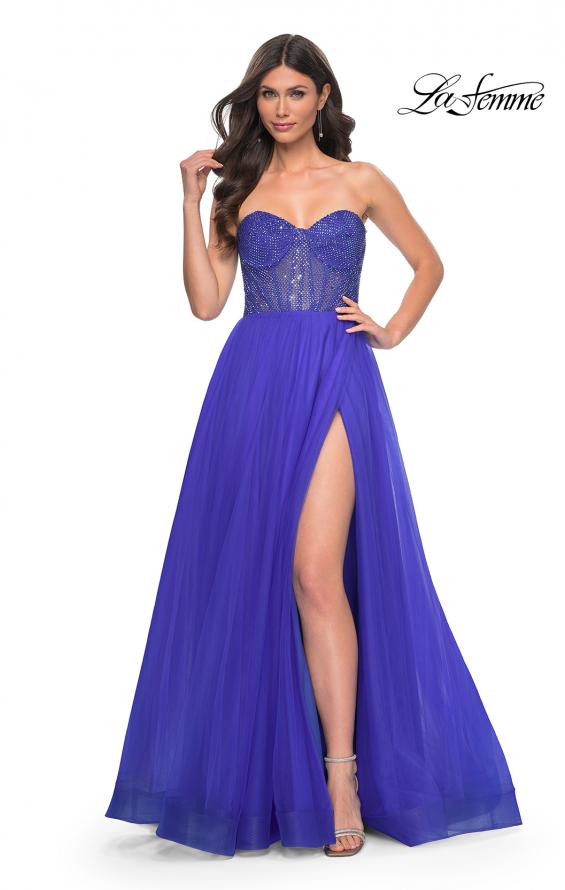 La Femme 32216 prom dress images.  La Femme 32216 is available in these colors: Black, Dark Emerald, Royal Blue.