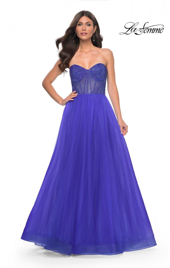 La Femme 32216 prom dress images.  La Femme 32216 is available in these colors: Black, Dark Emerald, Royal Blue.