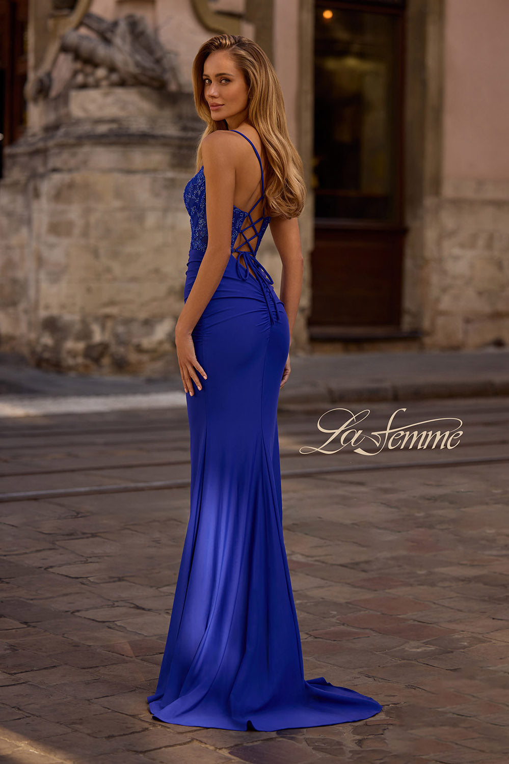 La Femme 32217 prom dress images.  La Femme 32217 is available in these colors: Black, Dark Berry, Dark Emerald, Royal Blue.