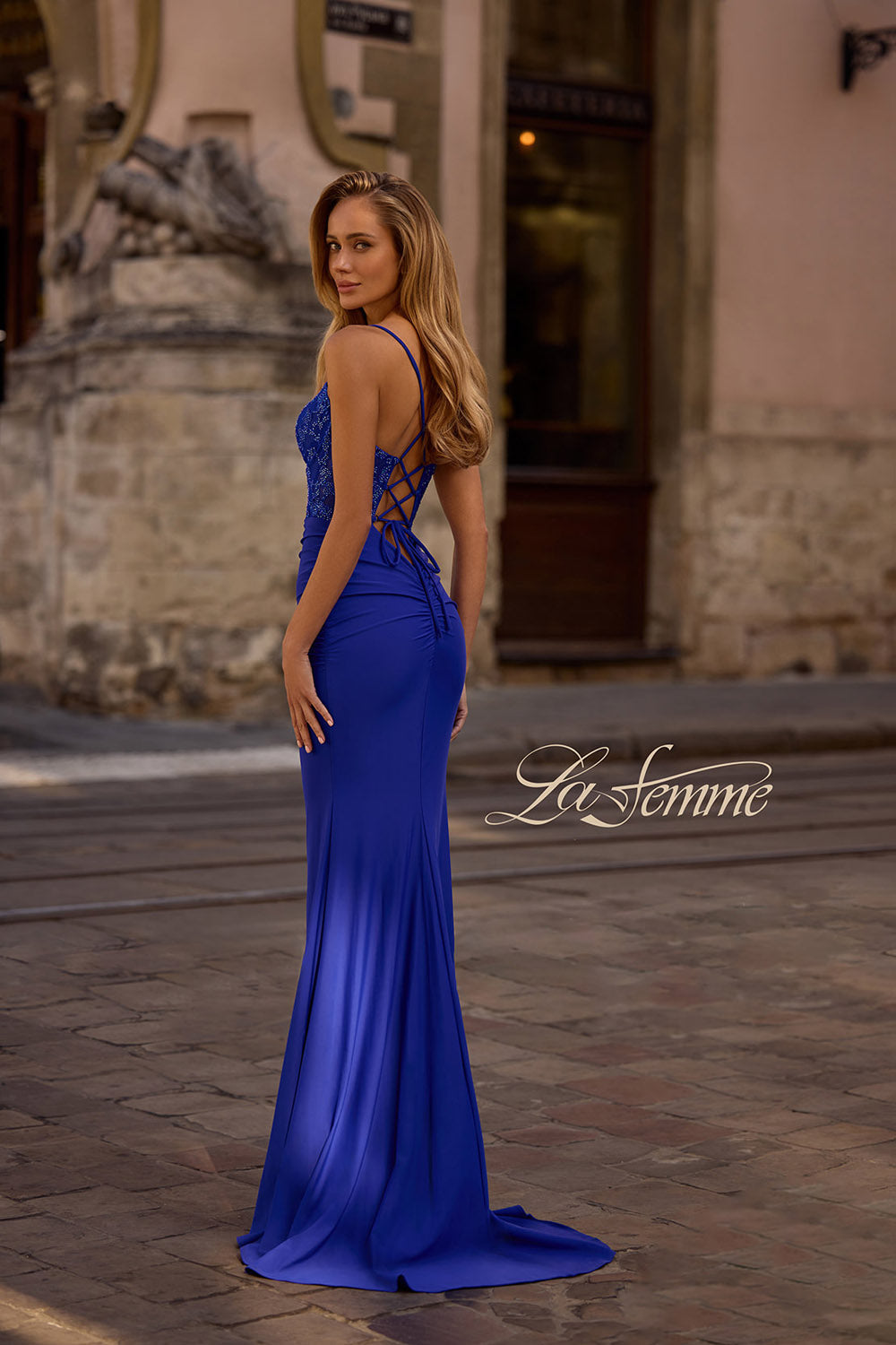 La Femme 32217 prom dress images.  La Femme 32217 is available in these colors: Black, Dark Berry, Dark Emerald, Royal Blue.