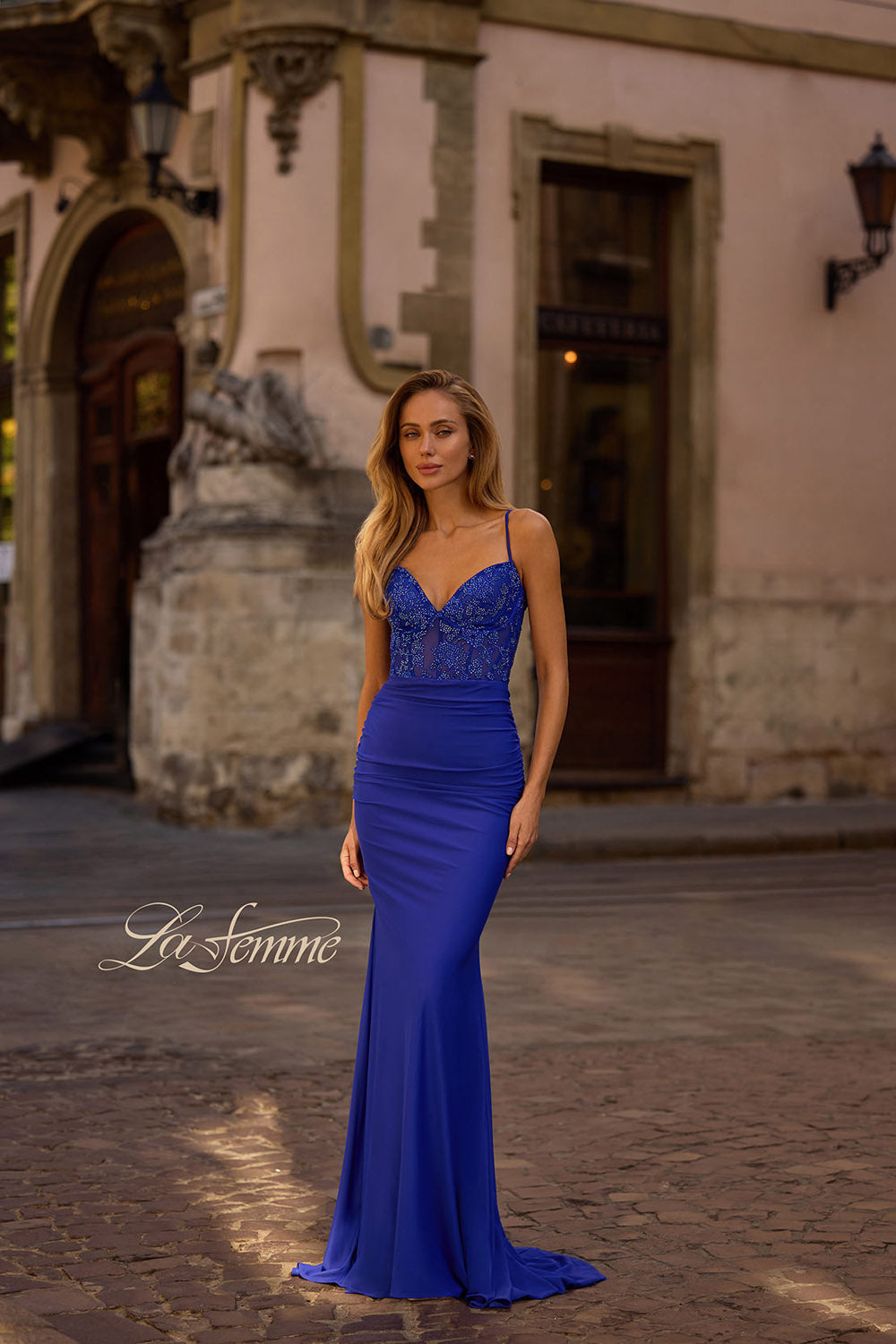 La Femme 32217 prom dress images.  La Femme 32217 is available in these colors: Black, Dark Berry, Dark Emerald, Royal Blue.