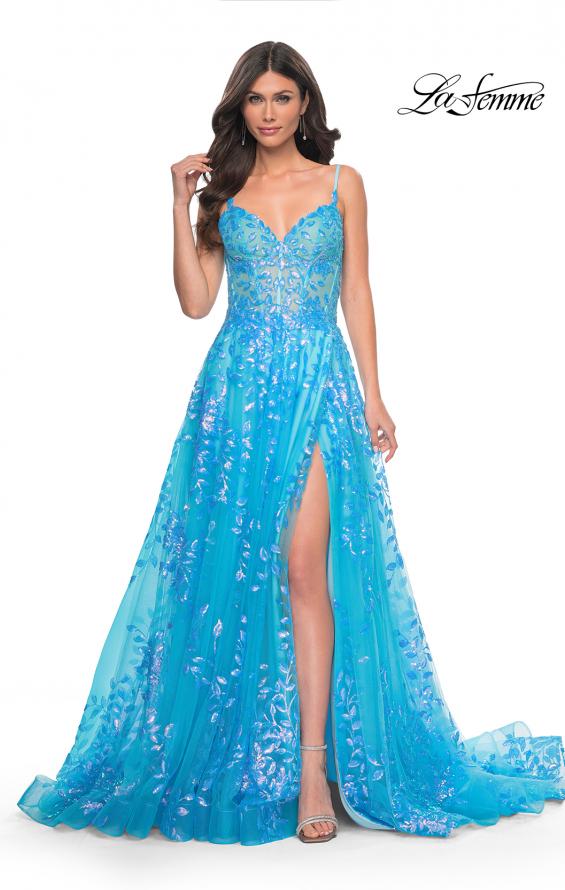 La Femme 32223 prom dress images.  La Femme 32223 is available in these colors: Blue, Periwinkle, Pink.