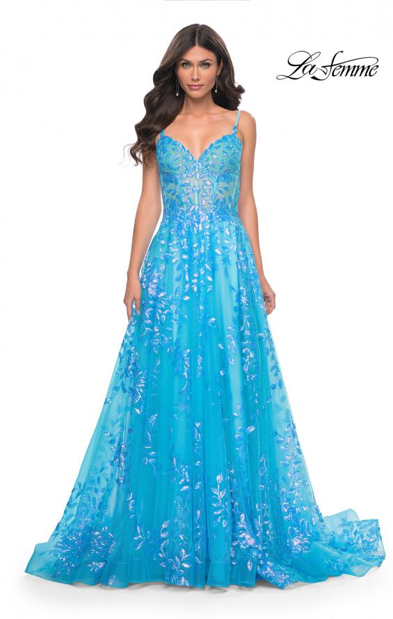 La Femme 32223 prom dress images.  La Femme 32223 is available in these colors: Blue, Periwinkle, Pink.