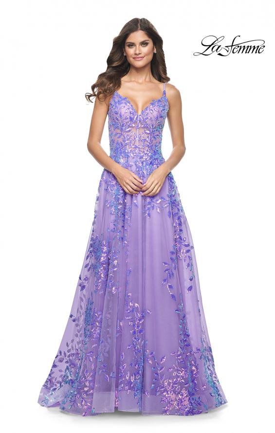 La Femme 32223 prom dress images.  La Femme 32223 is available in these colors: Blue, Periwinkle, Pink.