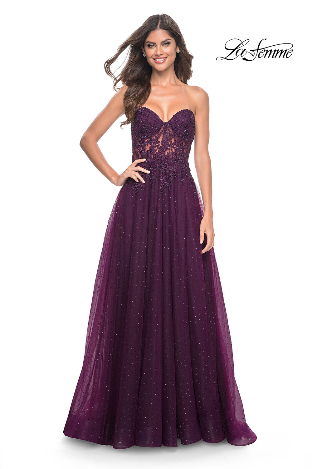 La Femme 32253 prom dress images.  La Femme 32253 is available in these colors: Dark Berry, Dark Emerald.