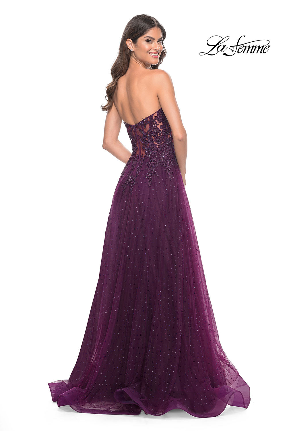 La Femme 32253 prom dress images.  La Femme 32253 is available in these colors: Dark Berry, Dark Emerald.