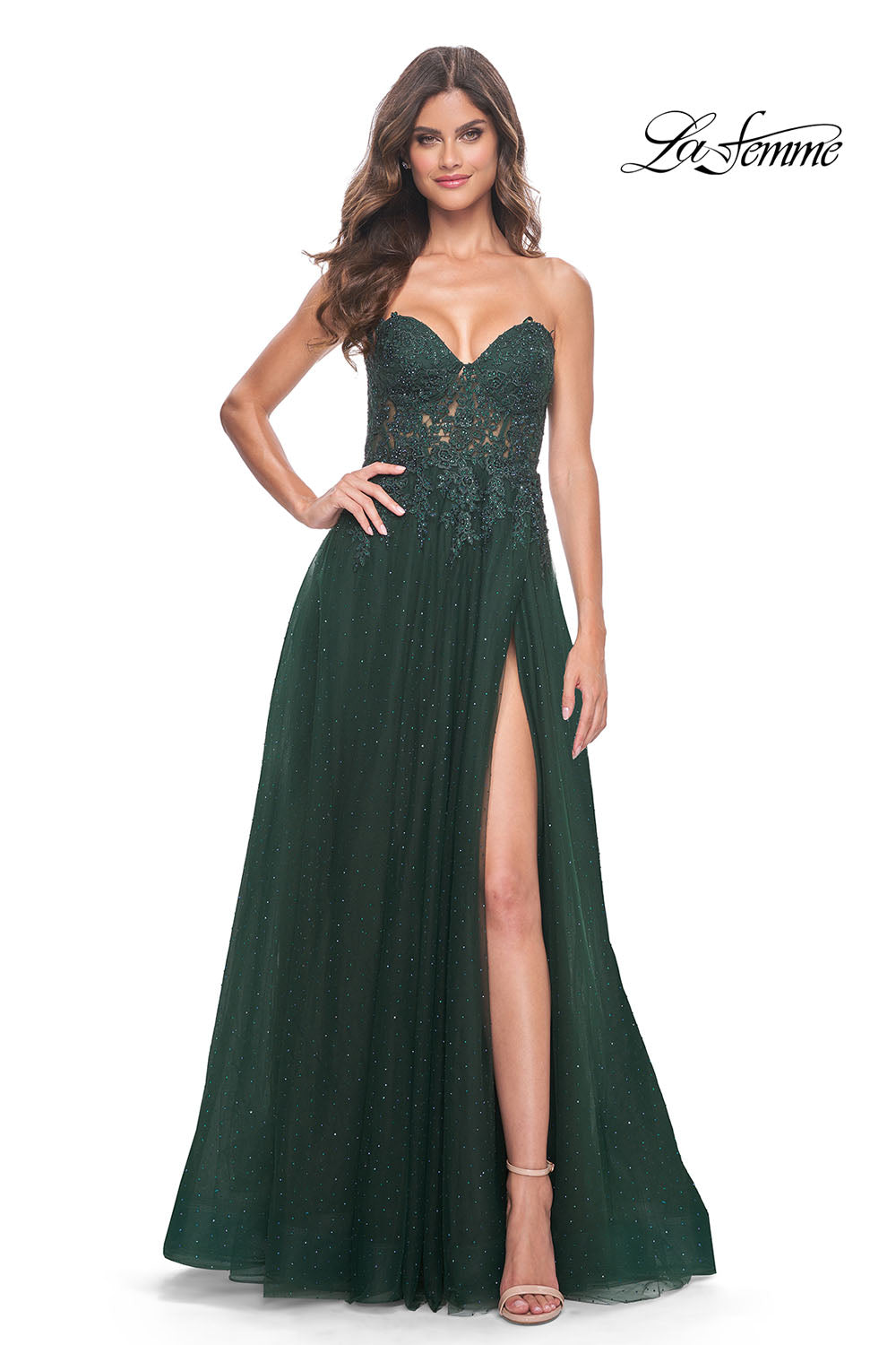 La Femme 32253 prom dress images.  La Femme 32253 is available in these colors: Dark Berry, Dark Emerald.