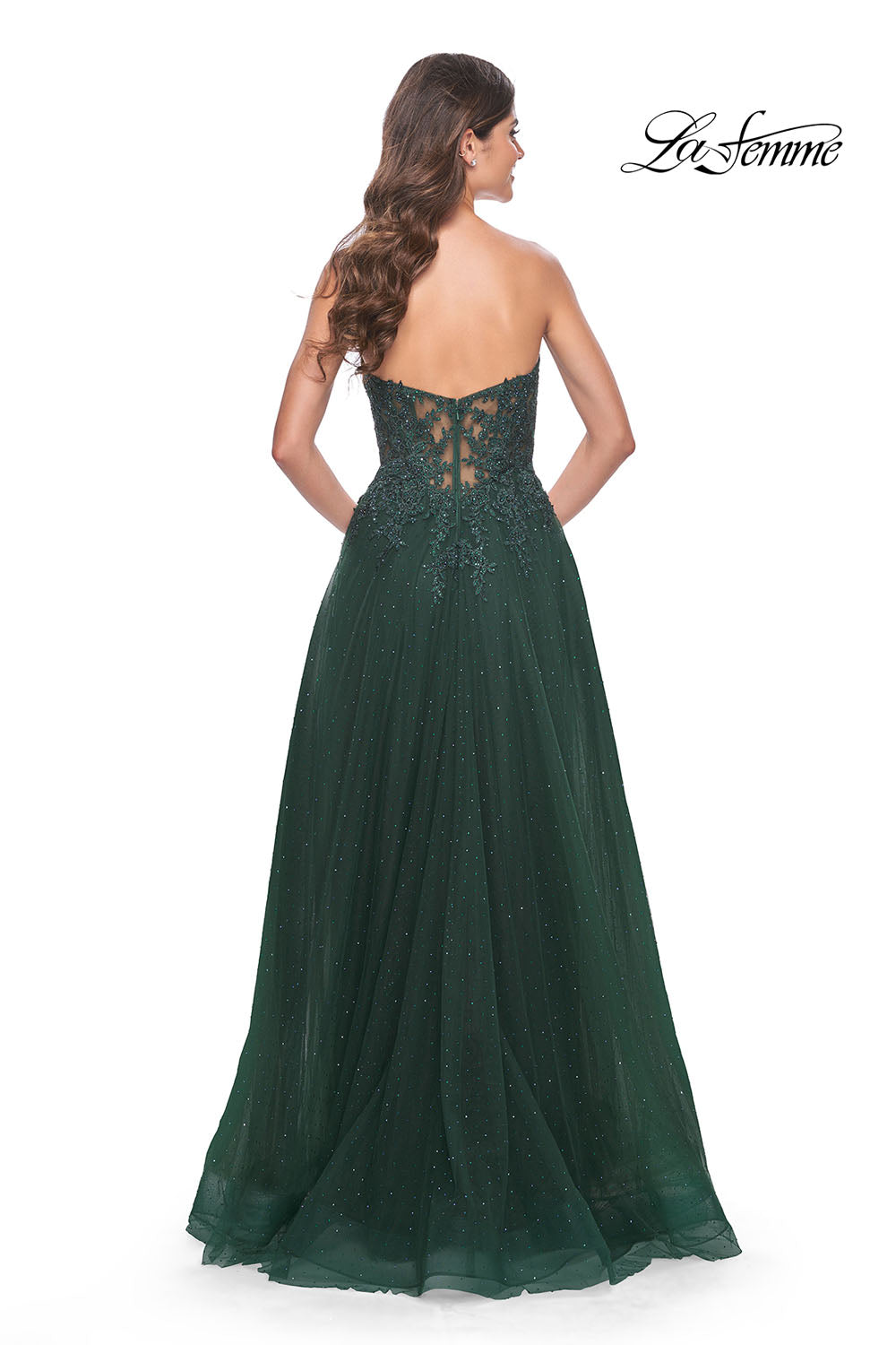 La Femme 32253 prom dress images.  La Femme 32253 is available in these colors: Dark Berry, Dark Emerald.